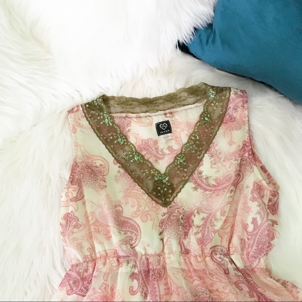 XOXO Sheer Paisley Print Top with lace detail